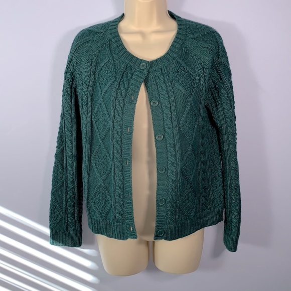 Woolovers button up emerald green cable knit wool cardigan sweater size small - Picture 1 of 8